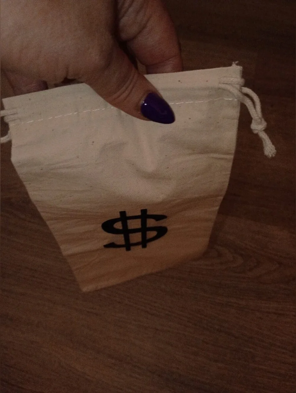Canvas Drawstring Money Bag - Natural with Black Dollar Print